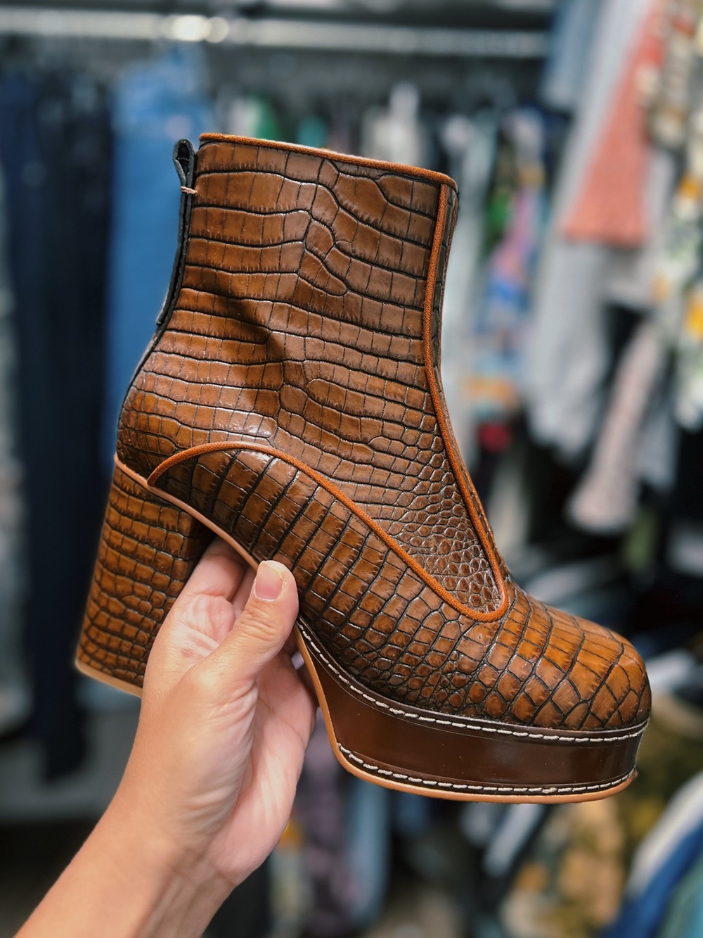 See by Chloé Brown Croc Embossed Platform Booties Leather